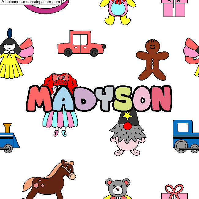 Coloriage pr&eacute;nom MADYSON - d&eacute;cor Jouets par un invit&eacute;