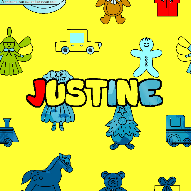 Coloriage prénom JUSTINE - décor Jouets par un invité