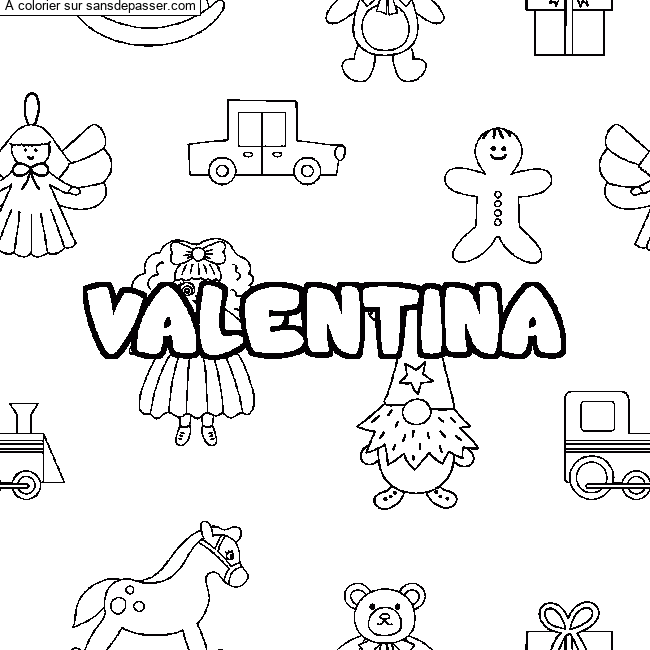 Coloriage Coloriage pr&eacute;nom VALENTINA - d&eacute;cor Jouets par un invit&eacute;