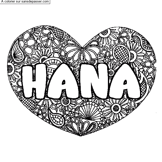 Coloriage Coloriage pr&eacute;nom HANA - d&eacute;cor Mandala coeur par un invit&eacute;