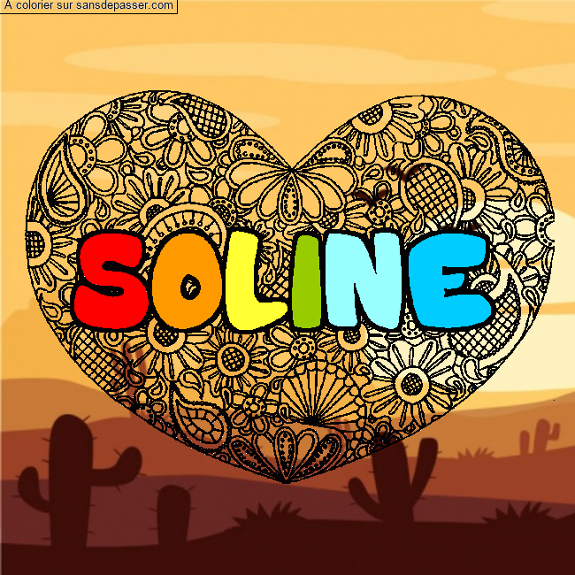 Coloriage pr&eacute;nom SOLINE - d&eacute;cor Mandala coeur par swann