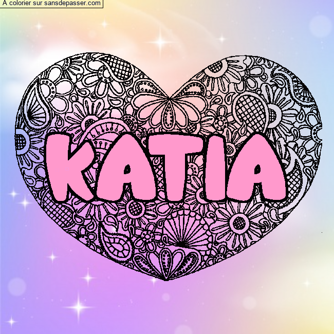 Coloriage pr&eacute;nom KATIA - d&eacute;cor Mandala coeur par un invit&eacute;