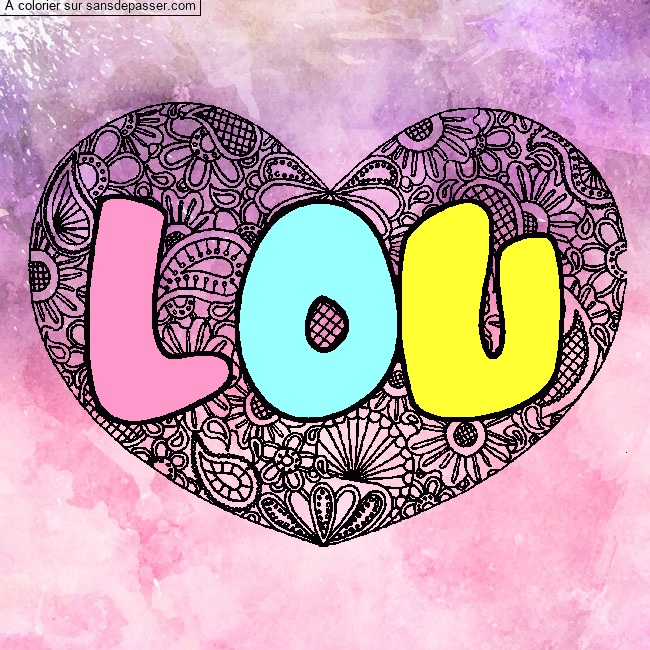 Coloriage prénom LOU - décor Mandala coeur par un invité
