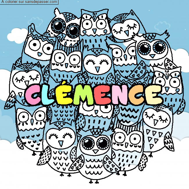 Coloriage Coloriage pr&eacute;nom CL&Eacute;MENCE - d&eacute;cor Chouettes par un invit&eacute;