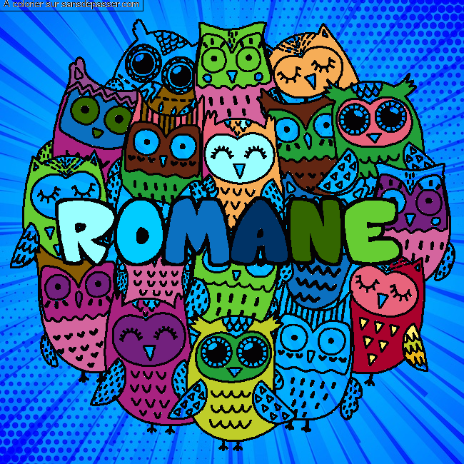 Coloriage Coloriage pr&eacute;nom ROMANE - d&eacute;cor Chouettes par un invit&eacute;
