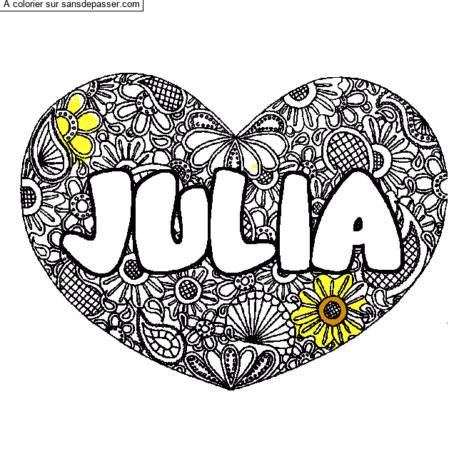 Coloriage prénom JULIA - décor Mandala coeur par senga