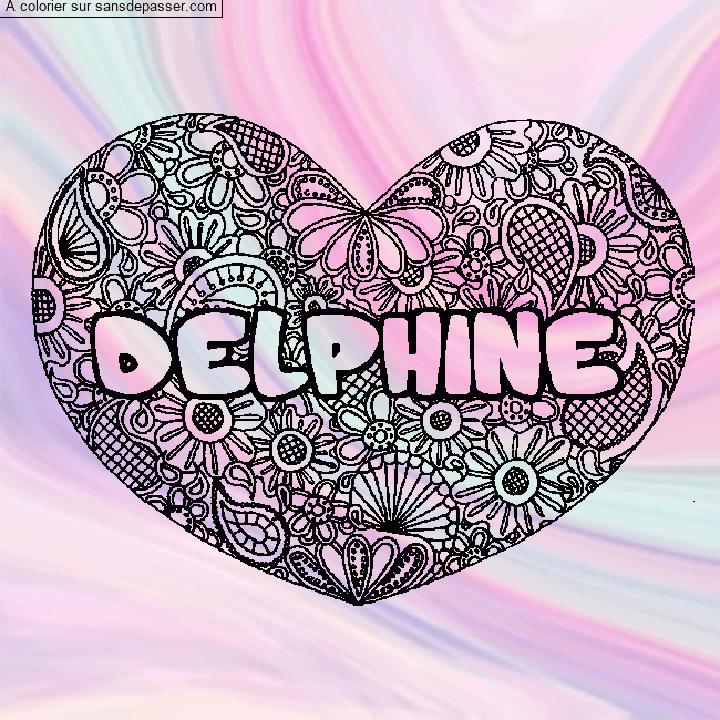 Coloriage pr&eacute;nom DELPHINE - d&eacute;cor Mandala coeur par un invit&eacute;