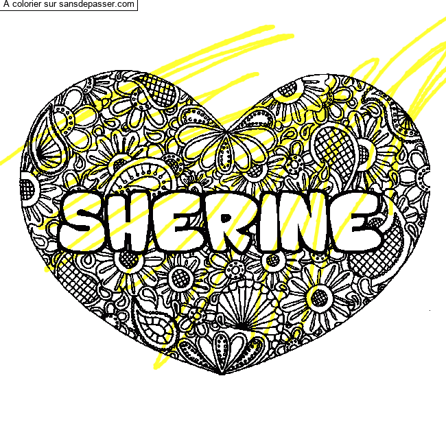 Coloriage prénom SHERINE - décor Mandala coeur par un invité