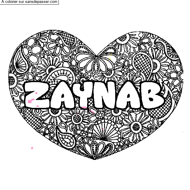 Coloriage prénom ZAYNAB - décor Mandala coeur par un invité