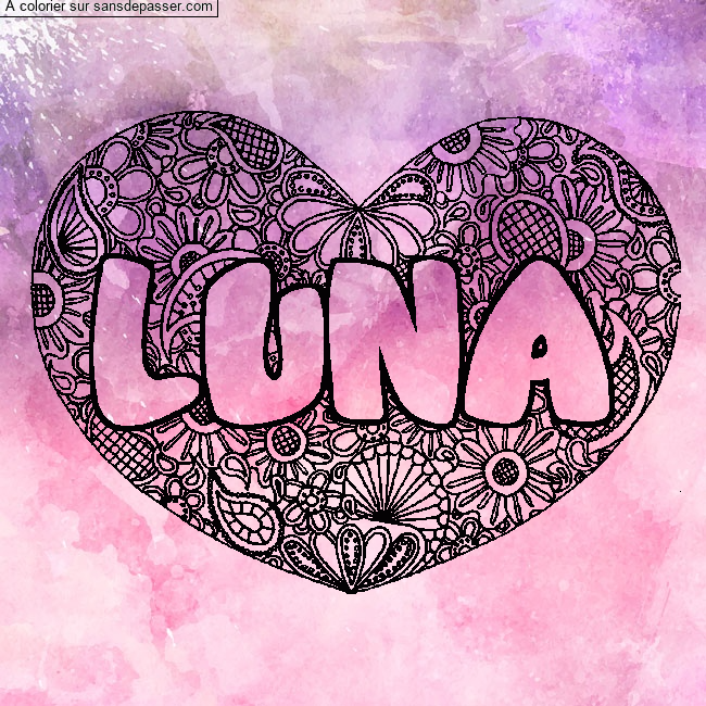 Coloriage prénom LUNA - décor Mandala coeur par un invité