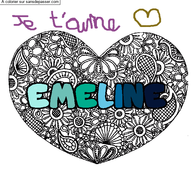 Coloriage Coloriage pr&eacute;nom EMELINE - d&eacute;cor Mandala coeur par un invit&eacute;