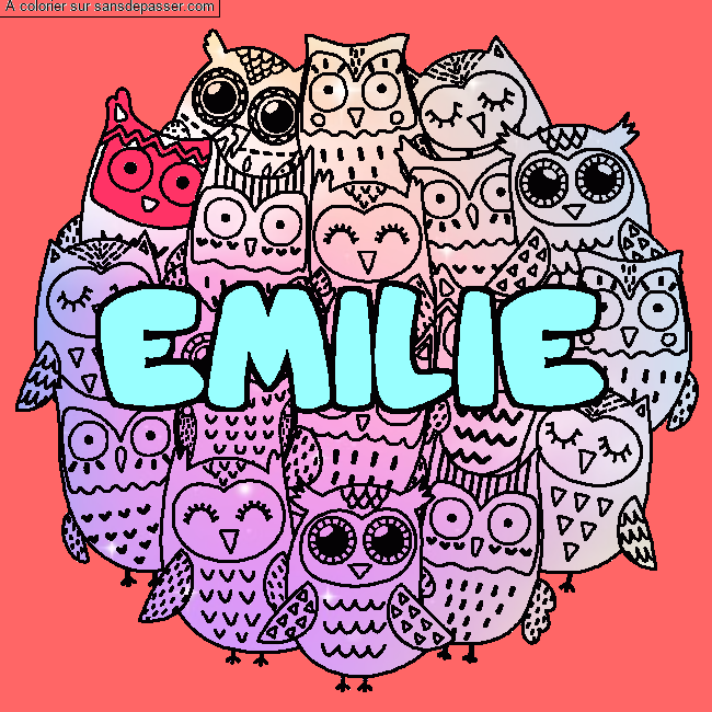 Coloriage pr&eacute;nom EMILIE - d&eacute;cor Chouettes par LILA  534 265