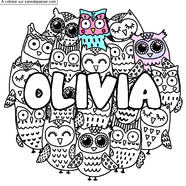 Coloriage prénom OLIVIA - décor Chouettes par un invité