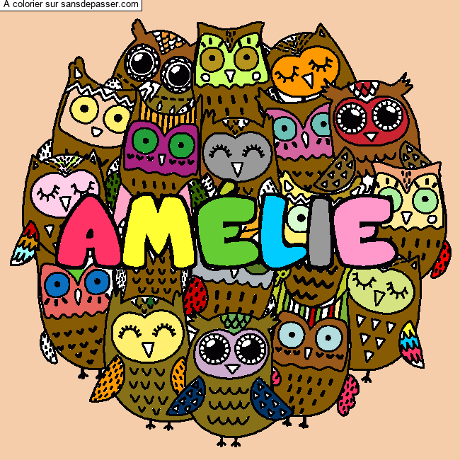 Coloriage Coloriage pr&eacute;nom AM&Eacute;LIE - d&eacute;cor Chouettes par un invit&eacute;