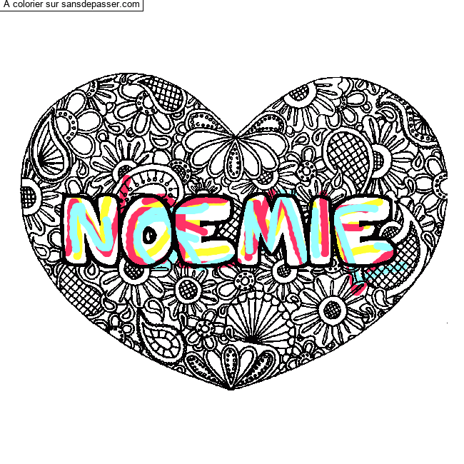 Coloriage prénom NOEMIE - décor Mandala coeur par un invité