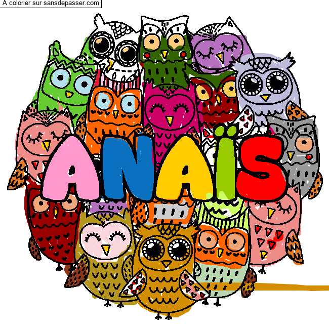 Coloriage Coloriage pr&eacute;nom ANA&Iuml;S - d&eacute;cor Chouettes par un invit&eacute;