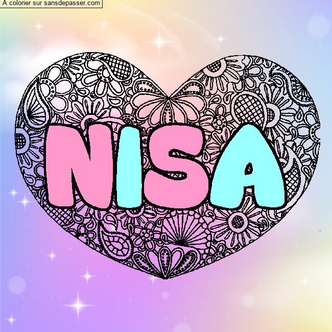 Coloriage pr&eacute;nom NISA - d&eacute;cor Mandala coeur par un invit&eacute;