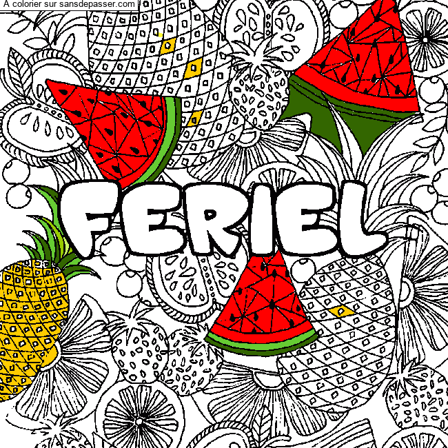 Coloriage prénom FERIEL - décor Mandala fruits par fefefish