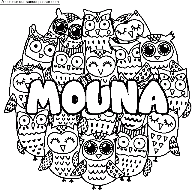 Coloriage prénom MOUNA - décor Chouettes par fefefish