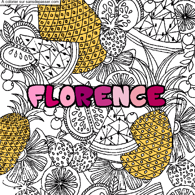 Coloriage prénom FLORENCE - décor Mandala fruits par Florence VLT