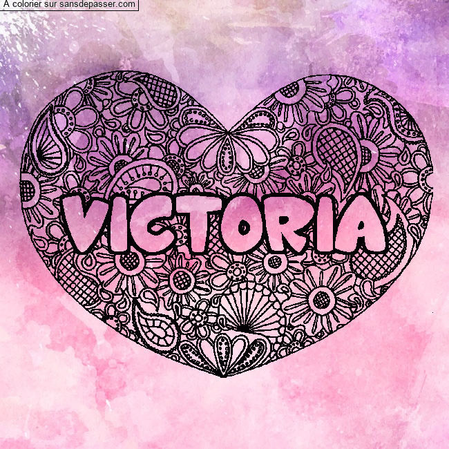 Coloriage pr&eacute;nom VICTORIA - d&eacute;cor Mandala coeur par un invit&eacute;
