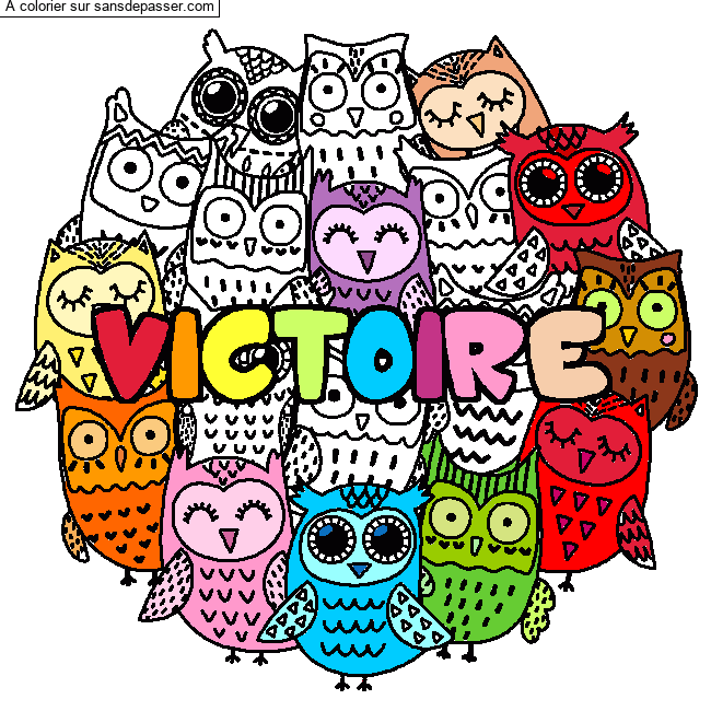 Coloriage Coloriage pr&eacute;nom VICTOIRE - d&eacute;cor Chouettes par vivi