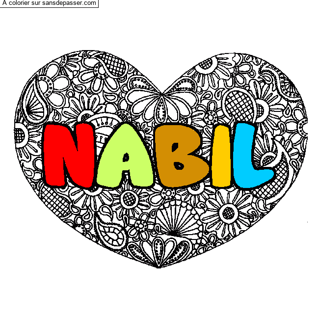Coloriage Coloriage pr&eacute;nom NABIL - d&eacute;cor Mandala coeur par un invité