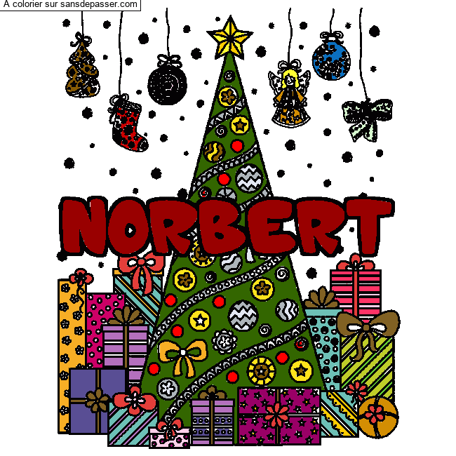 Coloriage Coloriage pr&eacute;nom NORBERT - d&eacute;cor Sapin et Cadeaux par un invit&eacute;