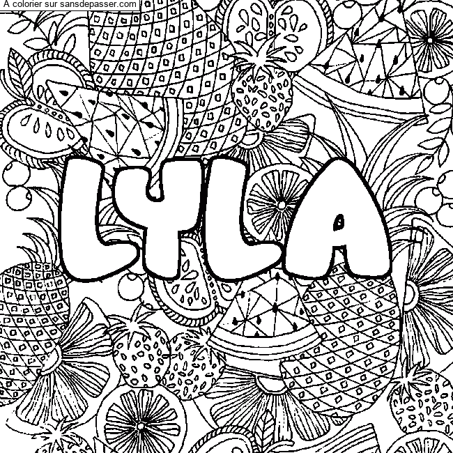 Coloriage pr&eacute;nom LYLA - d&eacute;cor Mandala fruits par un invit&eacute;