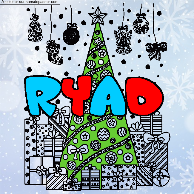 Coloriage prénom RYAD - décor Sapin et Cadeaux par un invité