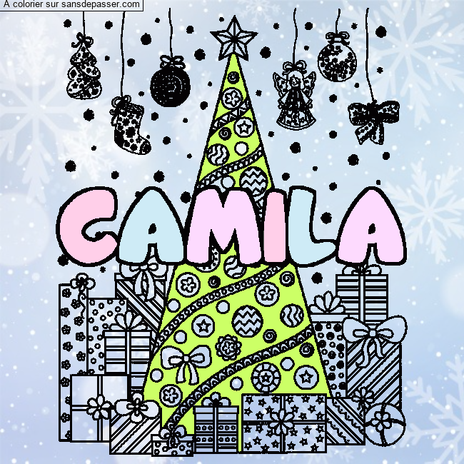 Coloriage prénom CAMILA - décor Sapin et Cadeaux par un invité