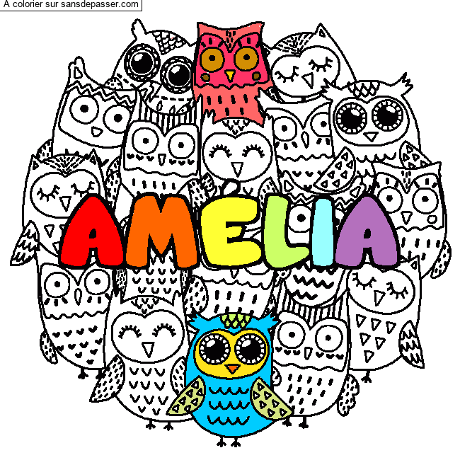 Coloriage Coloriage pr&eacute;nom AM&Eacute;LIA - d&eacute;cor Chouettes par un invit&eacute;