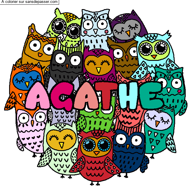 Coloriage pr&eacute;nom AGATHE - d&eacute;cor Chouettes par un invit&eacute;
