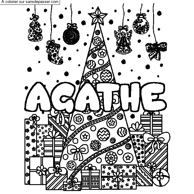 Coloriage prénom AGATHE - décor Sapin et Cadeaux par un invité