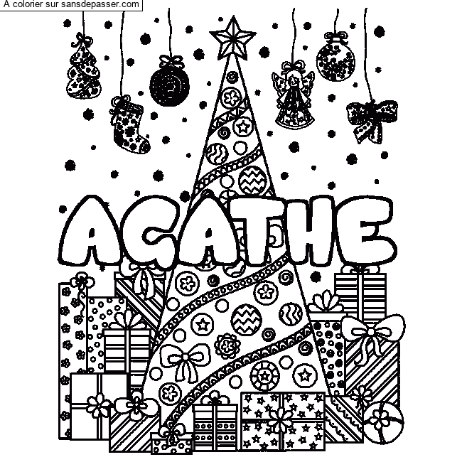 Coloriage Coloriage pr&eacute;nom AGATHE - d&eacute;cor Sapin et Cadeaux par un invit&eacute;