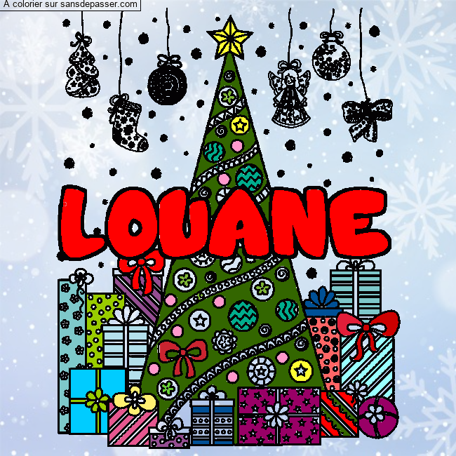 Coloriage Coloriage pr&eacute;nom LOUANE - d&eacute;cor Sapin et Cadeaux par un invit&eacute;
