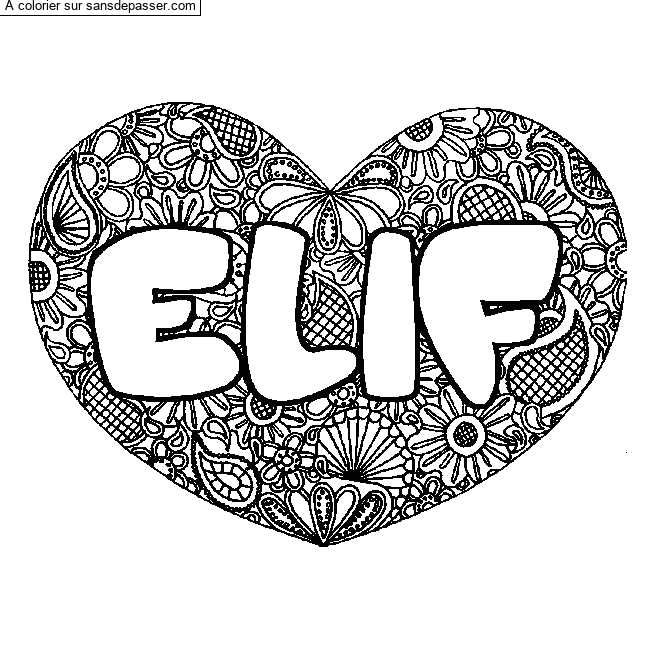 Coloriage Coloriage pr&eacute;nom ELIF - d&eacute;cor Mandala coeur par un invit&eacute;