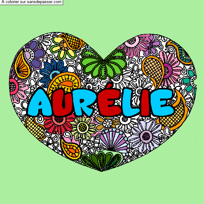 Coloriage prénom AURÉLIE - décor Mandala coeur par shirley