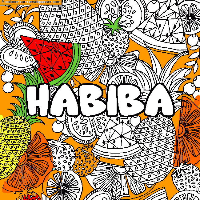 Coloriage Coloriage pr&eacute;nom HABIBA - d&eacute;cor Mandala fruits par Pinpomme2014