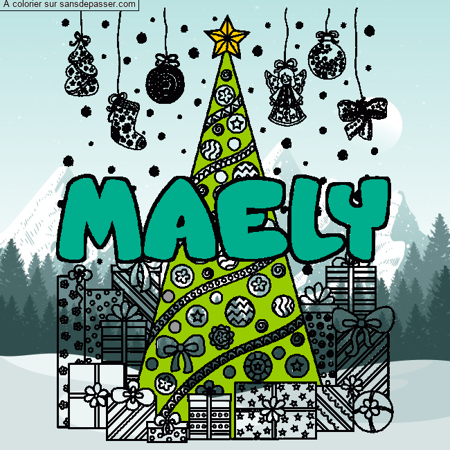Coloriage prénom MAELY - décor Sapin et Cadeaux par Pinpomme2014