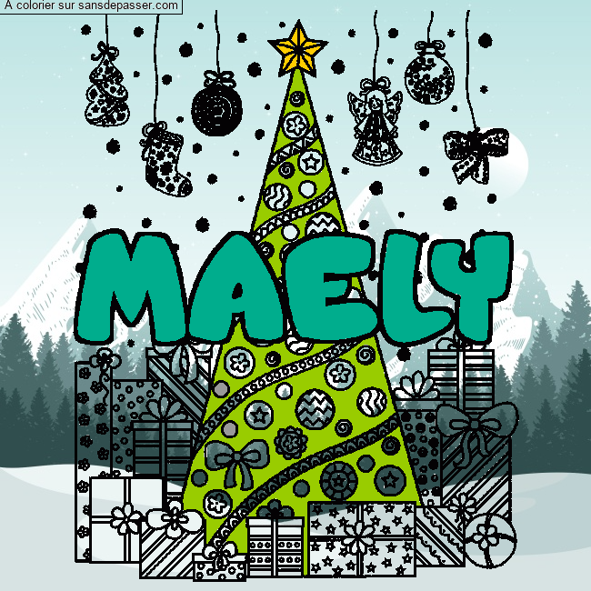 Coloriage Coloriage pr&eacute;nom MAELY - d&eacute;cor Sapin et Cadeaux par Pinpomme2014