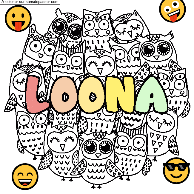 Coloriage Coloriage pr&eacute;nom LOONA - d&eacute;cor Chouettes par un invit&eacute;
