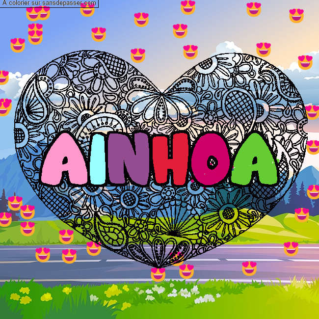Coloriage prénom AINHOA - décor Mandala coeur par un invité