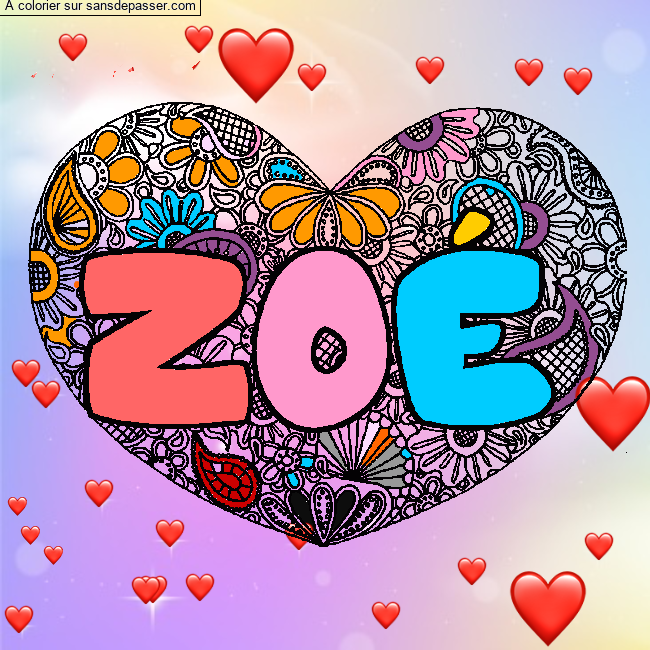 Coloriage Coloriage pr&eacute;nom ZO&Eacute; - d&eacute;cor Mandala coeur par un invité