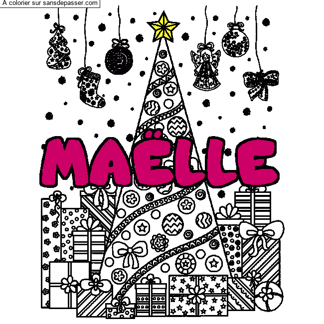Coloriage prénom MAËLLE - décor Sapin et Cadeaux par Capucine27