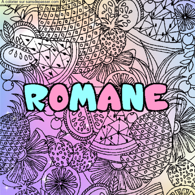 Coloriage prénom ROMANE - décor Mandala fruits par un invité