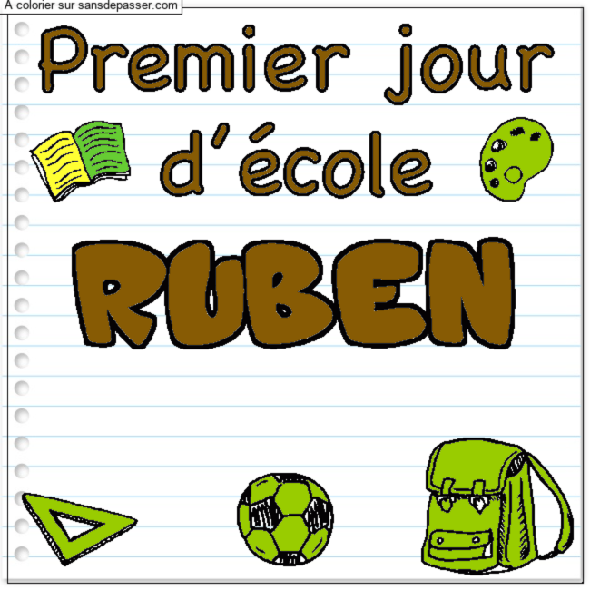 Coloriage prénom RUBEN - décor Premier jour d'école par un invité