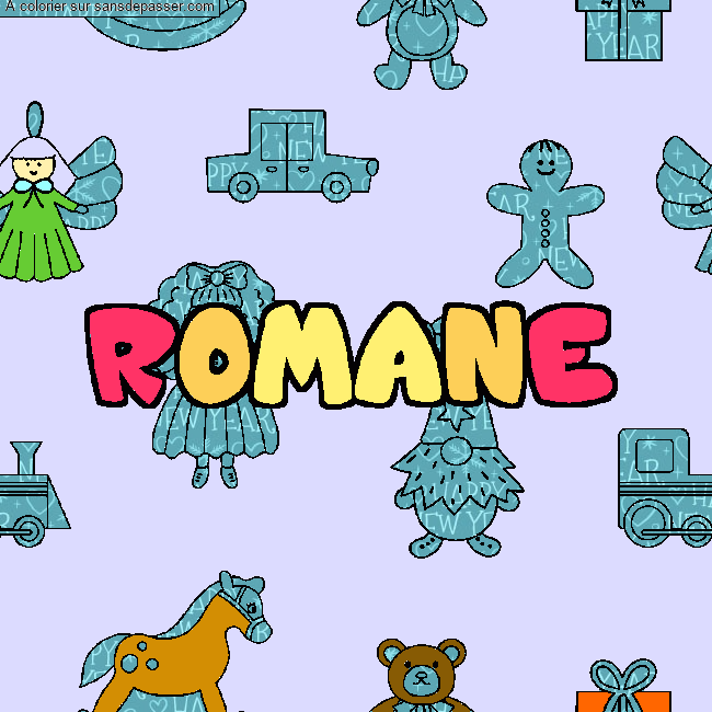 Coloriage prénom ROMANE - décor Jouets par Mimi_Hono