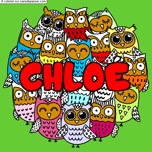 Coloriage prénom CHLOÉ - décor Chouettes par Mimi_Hono