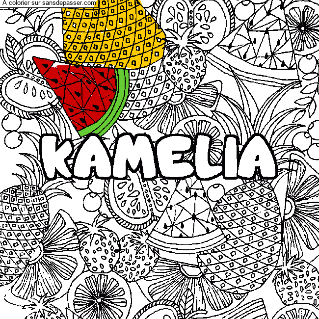 Coloriage Coloriage pr&eacute;nom KAMELIA - d&eacute;cor Mandala fruits par un invité